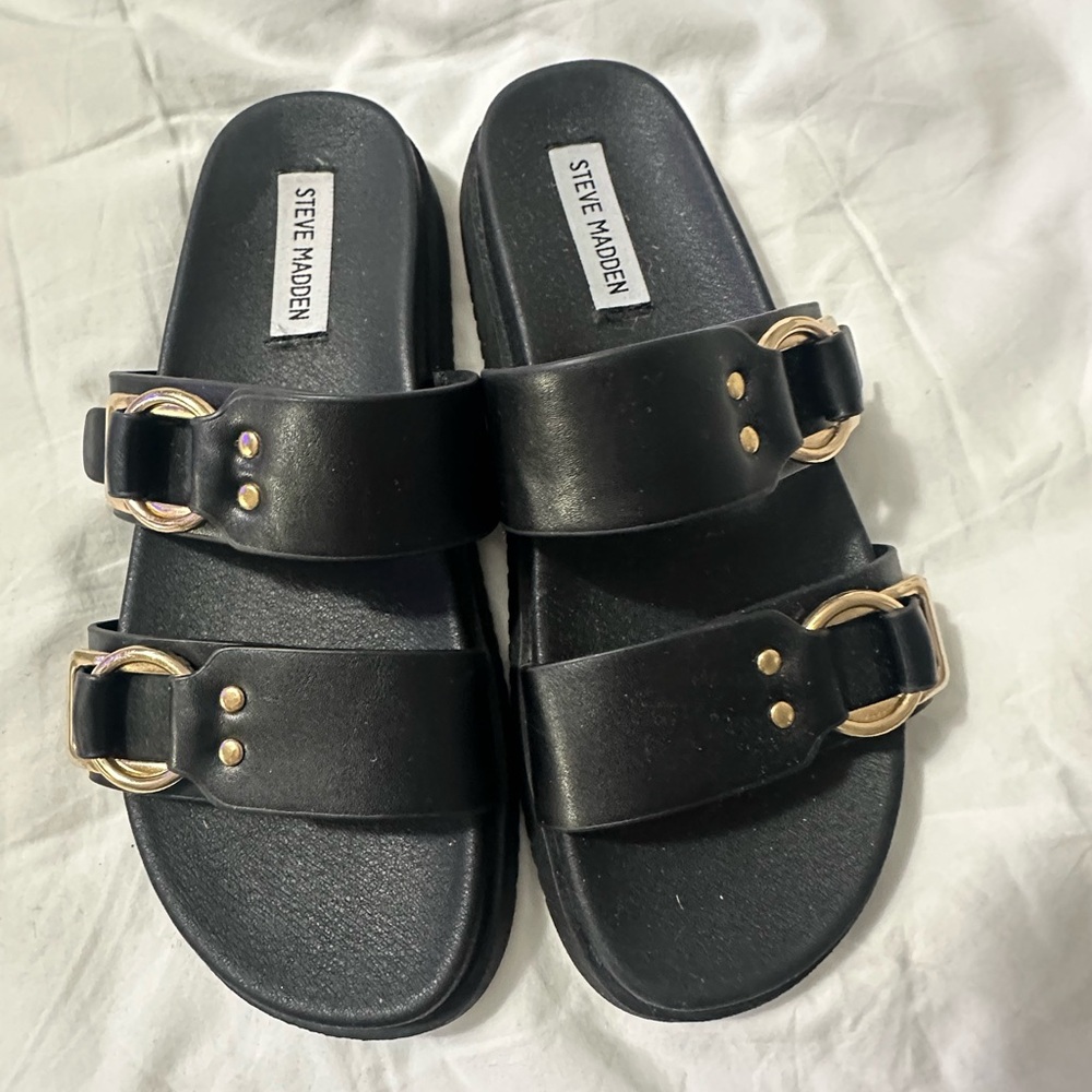 Steve Madden Black Sandals with Gold Accents
